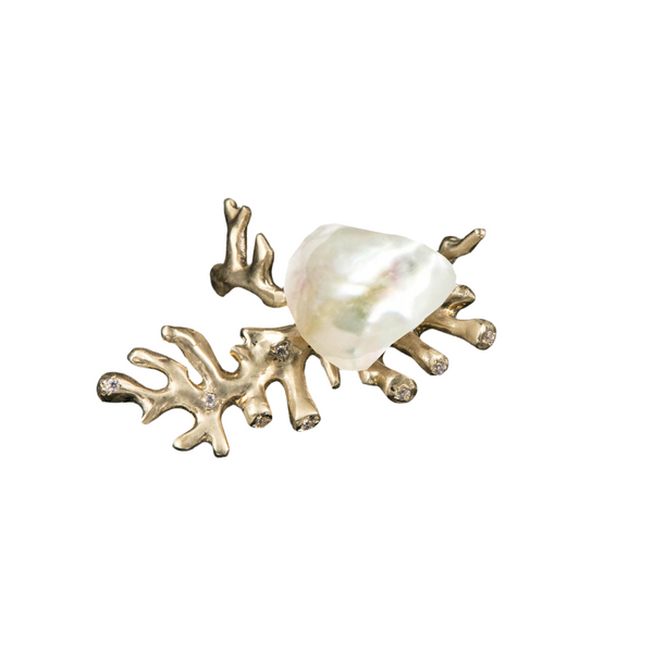 RING BRANCH WHITE KEISHI PEARL GOLD BRONZE