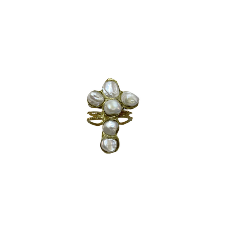 BIZANTINE CROSS WHITE KEISHI PEARLS RING GOLD BRONZE