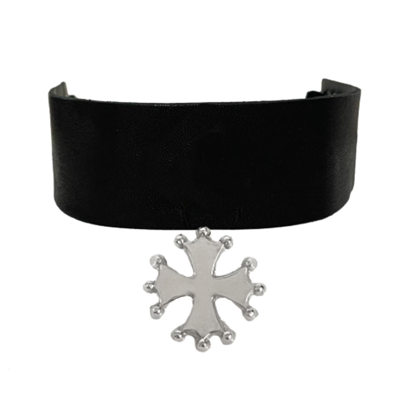 CROWN CROSS LEATHER BLACK CHOKER WHITE  BRONZE