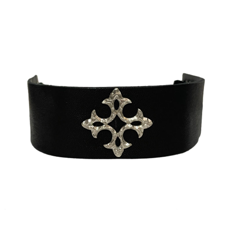 CROWN HOLLOW CROSS LEATHER BLACK CHOKER WHITE  BRONZE