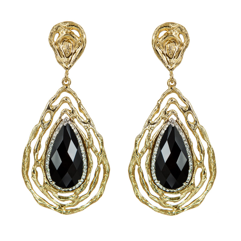 EARRINGS TEARDROPS ONIX & GOLD BRONZE